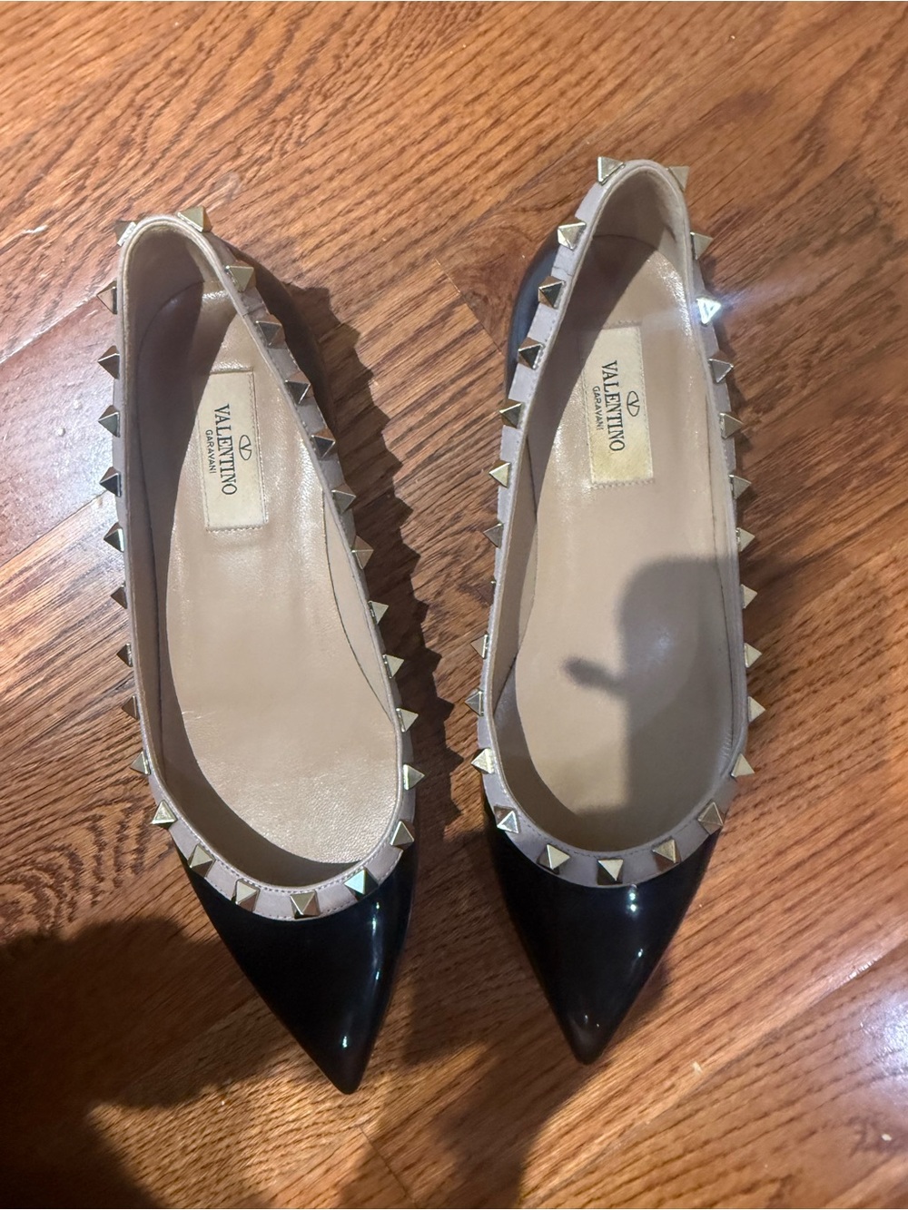 Valentino Black Patent Pointed Rockstud Trim Flats